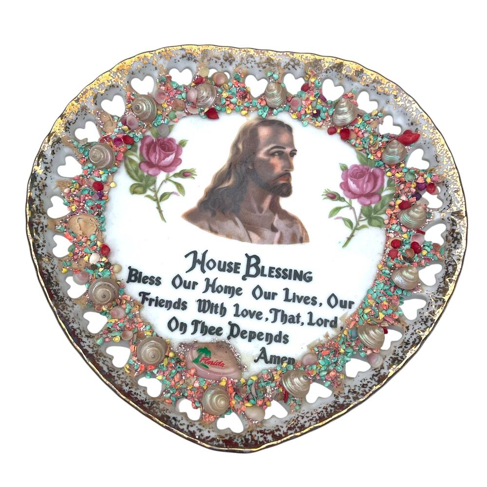 Vintage Japan House Blessing Shell Art Jesus Plate Wall Hanging 7"